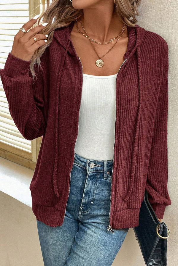 Red Dahlia Ribbed Zip Up Front Drawstring Hoodie femme