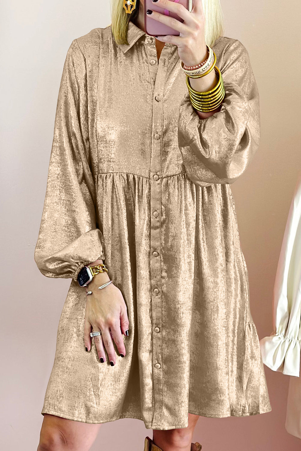 Robe femme métallisé, boutonnée, manches bouffantes, mini — abricot