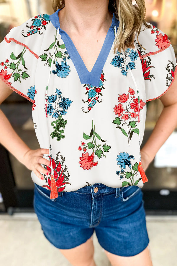 Blouse femme floral, manches courtes, col V — blanc-P101