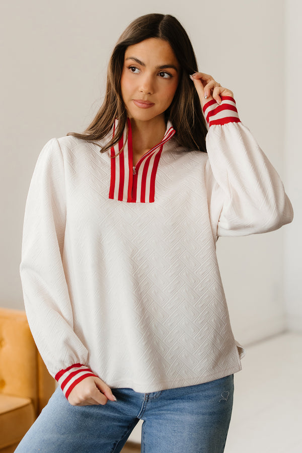 Pull femme rayé, en maille, zip — blanc