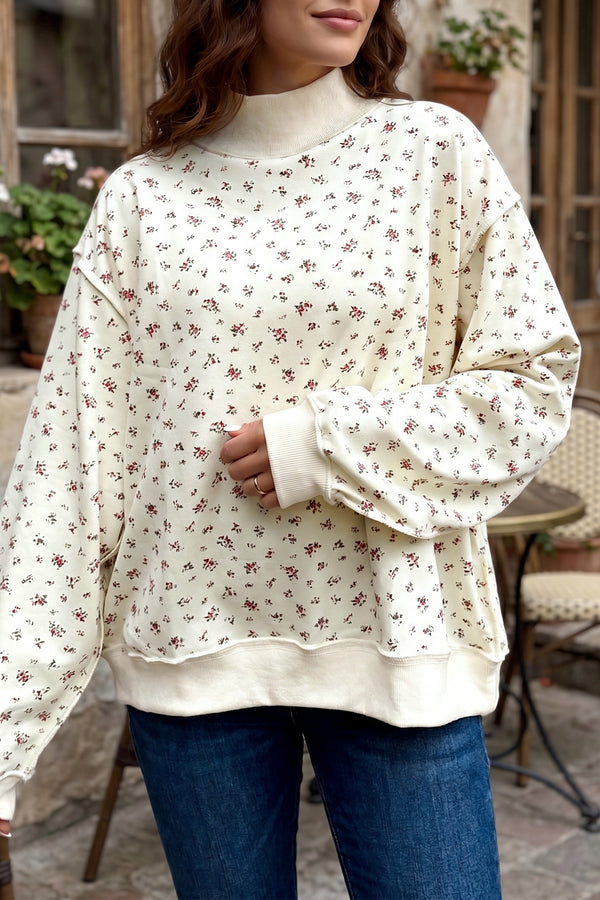 Sweat femme floral, patchwork, col montant, côtelé — beige
