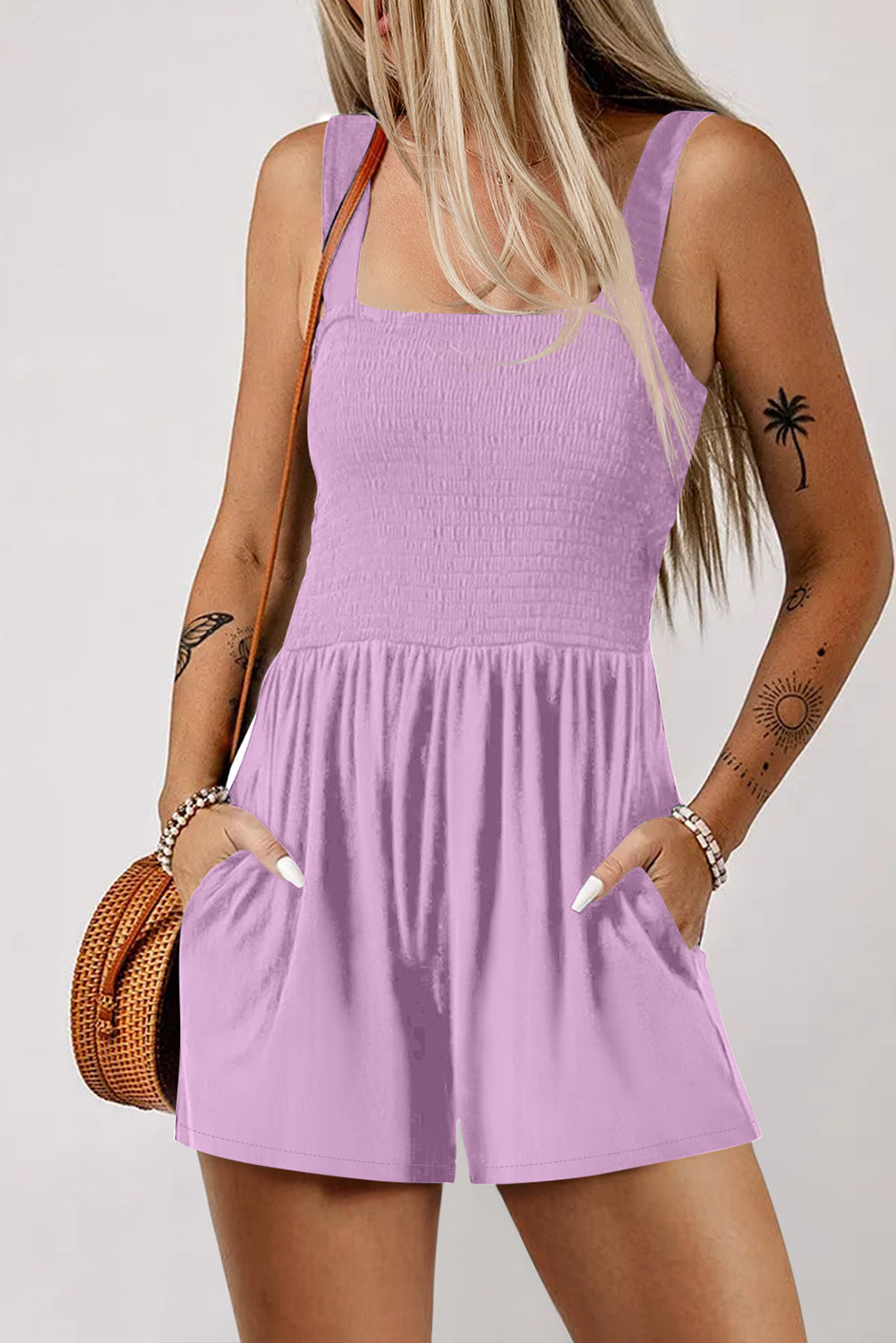 Combinaison femme smocké, poches, sans manches, casual