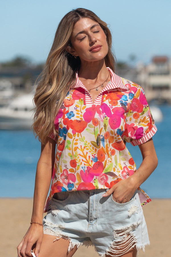 Blouse femme floral, rayé, manches courtes, col V