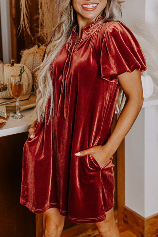 Robe courte femme velours, smocké, manches bouffantes