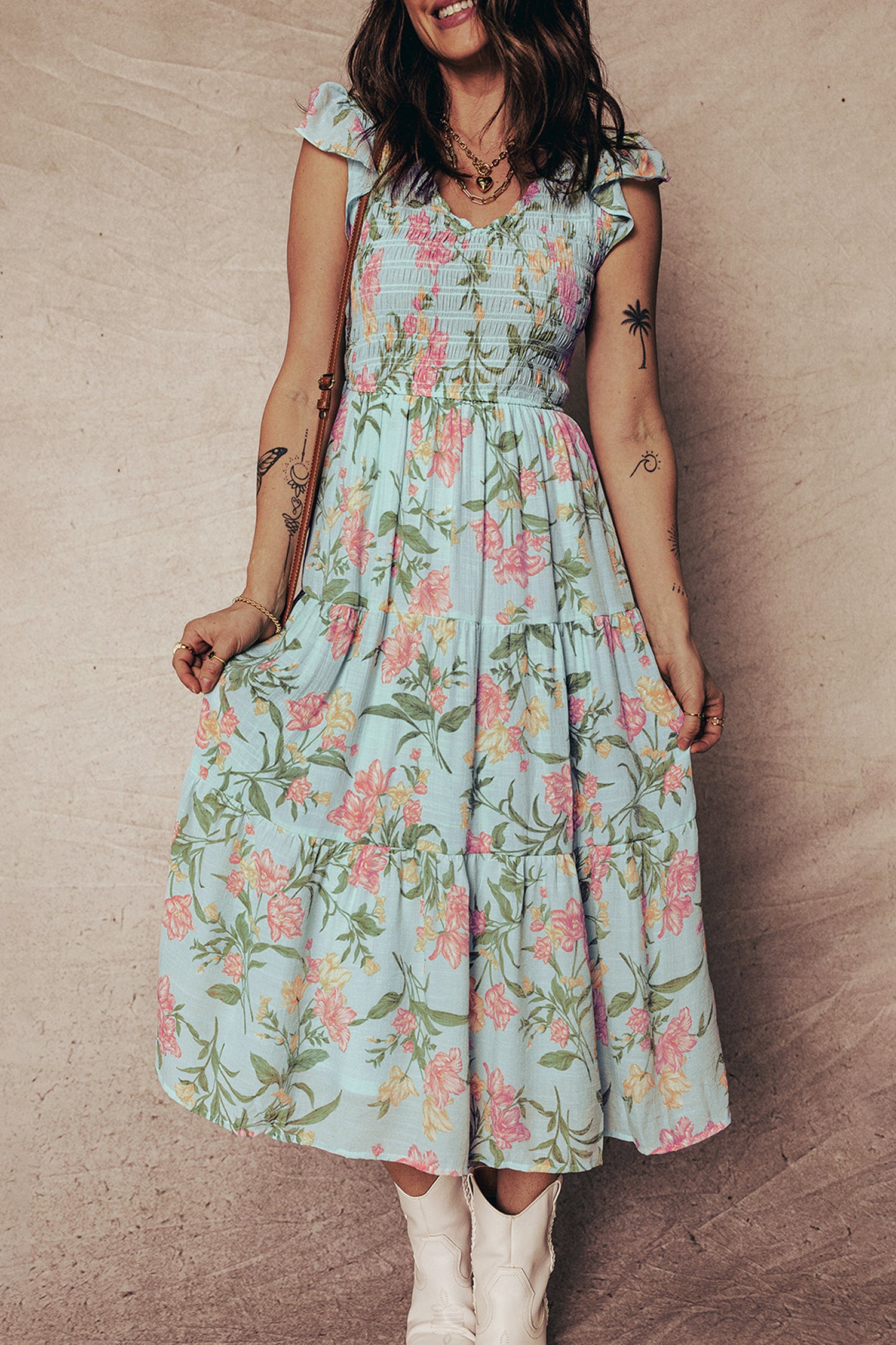 Robe longue femme floral, à volants, smocké, à étages, sans manches, maxi — jaune