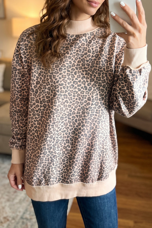 Sweat femme léopard, manches longues, col montant, côtelé — multicolore