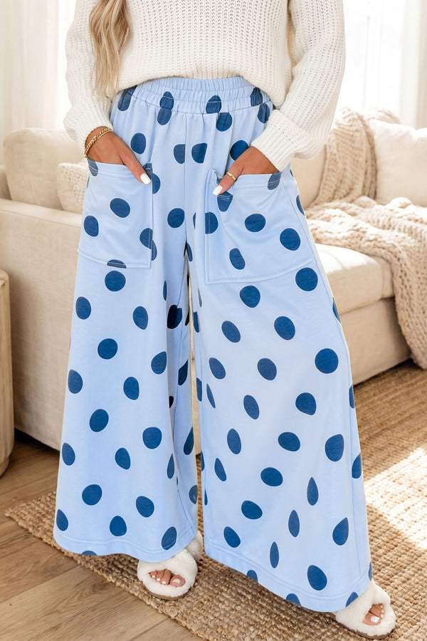Pantalon femme pois, taille élastique, jambe large, casual — bleu ciel