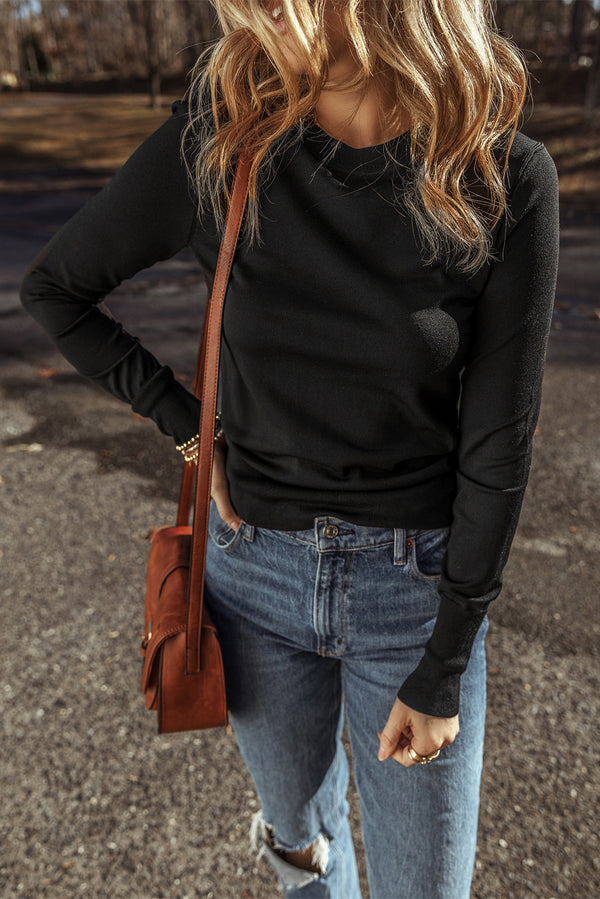 Pull femme col rond, coupe slim, uni — noir