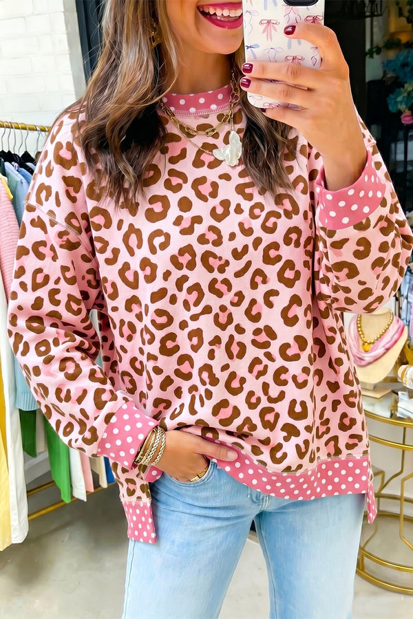 Haut femme léopard, pois, manches longues, colorblock — rose