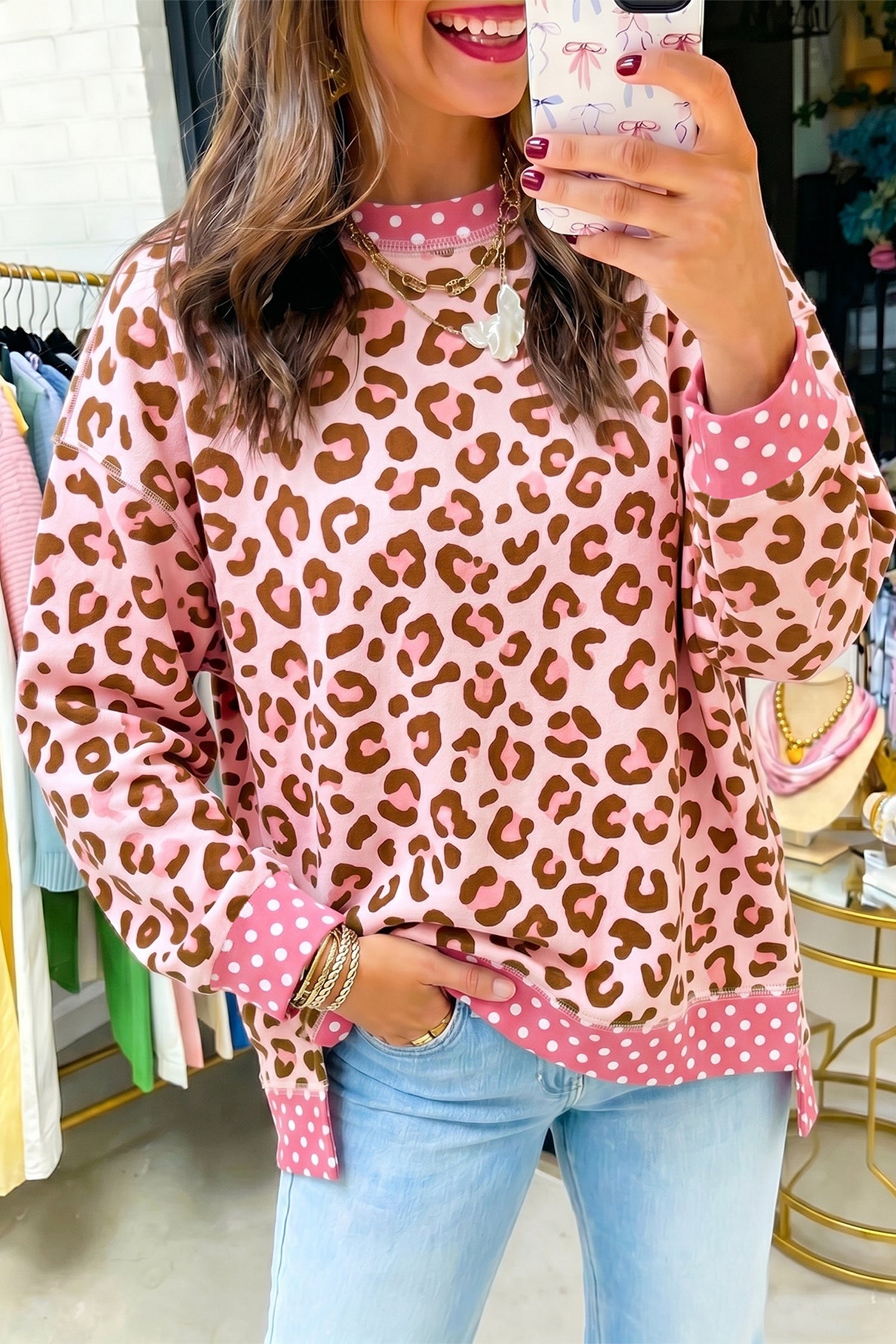 Haut femme léopard, pois, manches longues, colorblock — rose