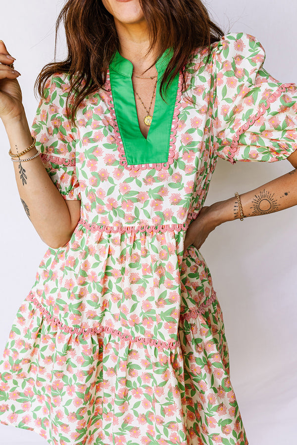 Robe femme floral, manches bouffantes — vert