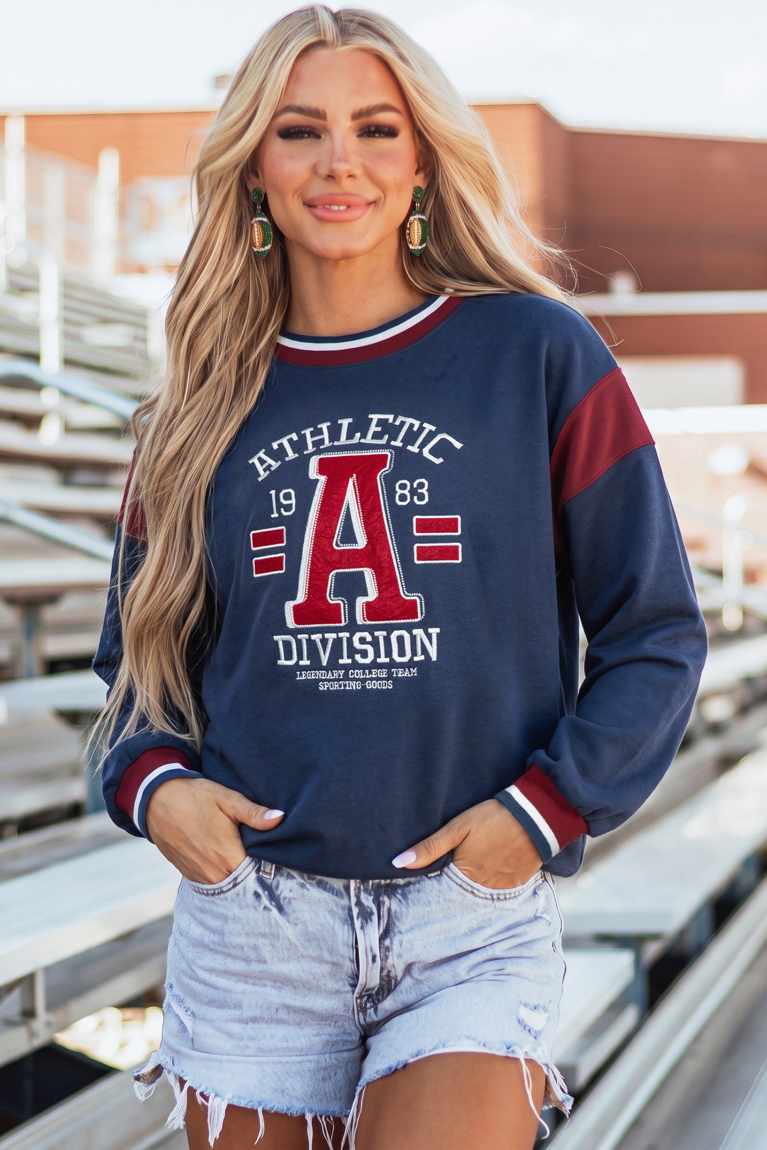Sweat femme patchwork, manches longues, col rond — bleu
