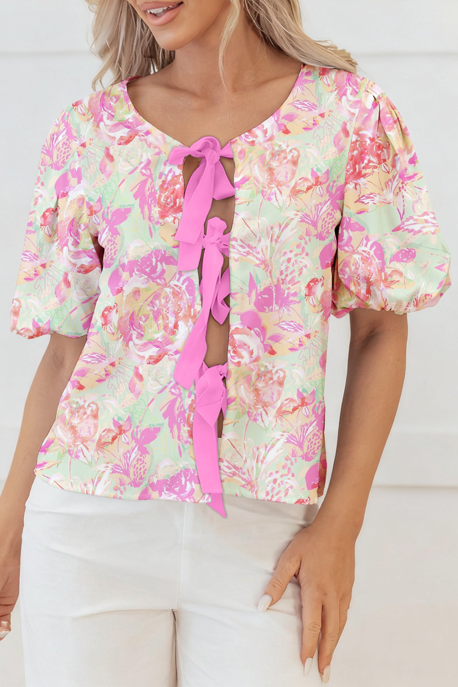 Short femme floral, manches bouffantes — rose