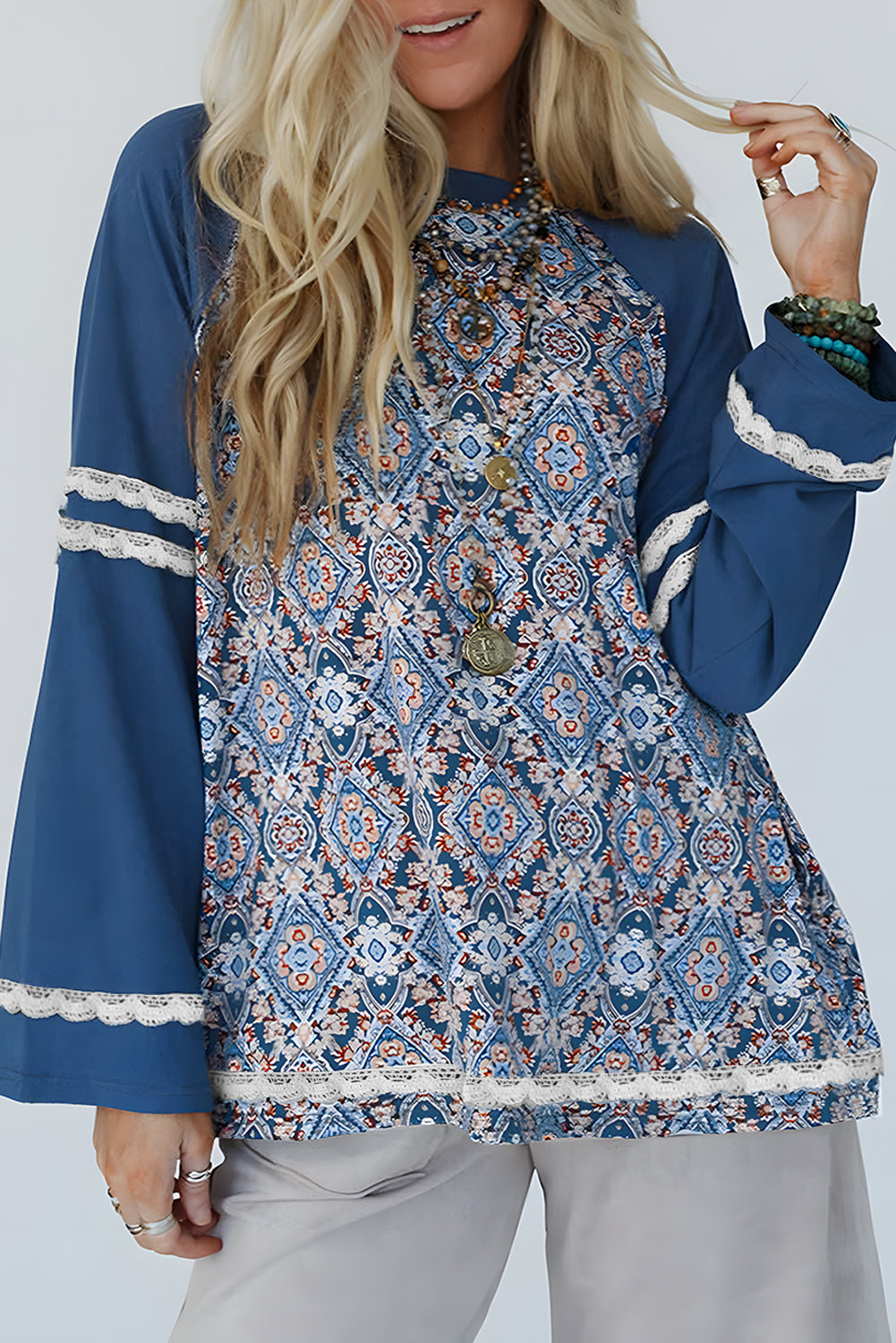 Haut femme patchwork, manches longues — bleu