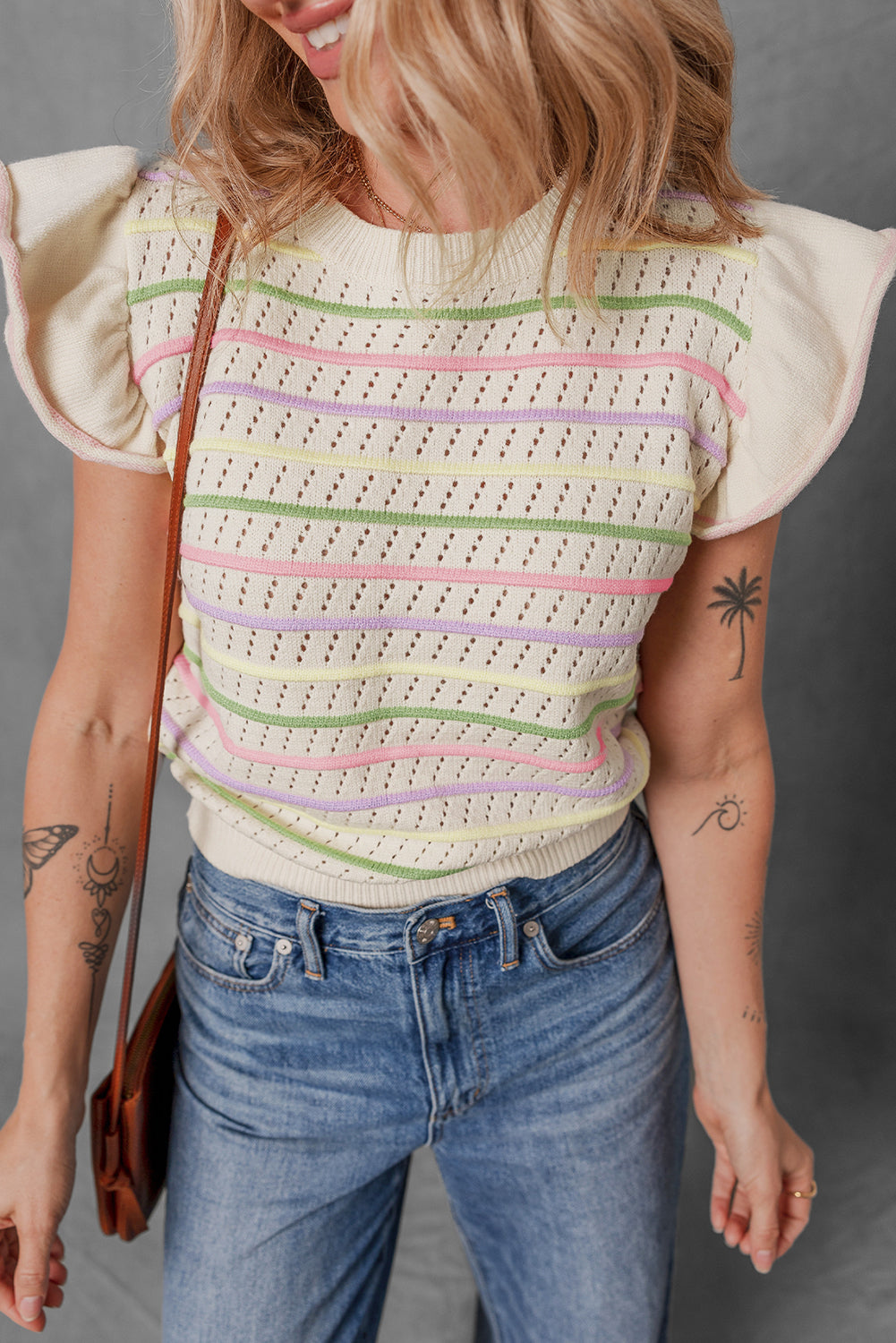 Pull femme rayé, en maille, à volants
