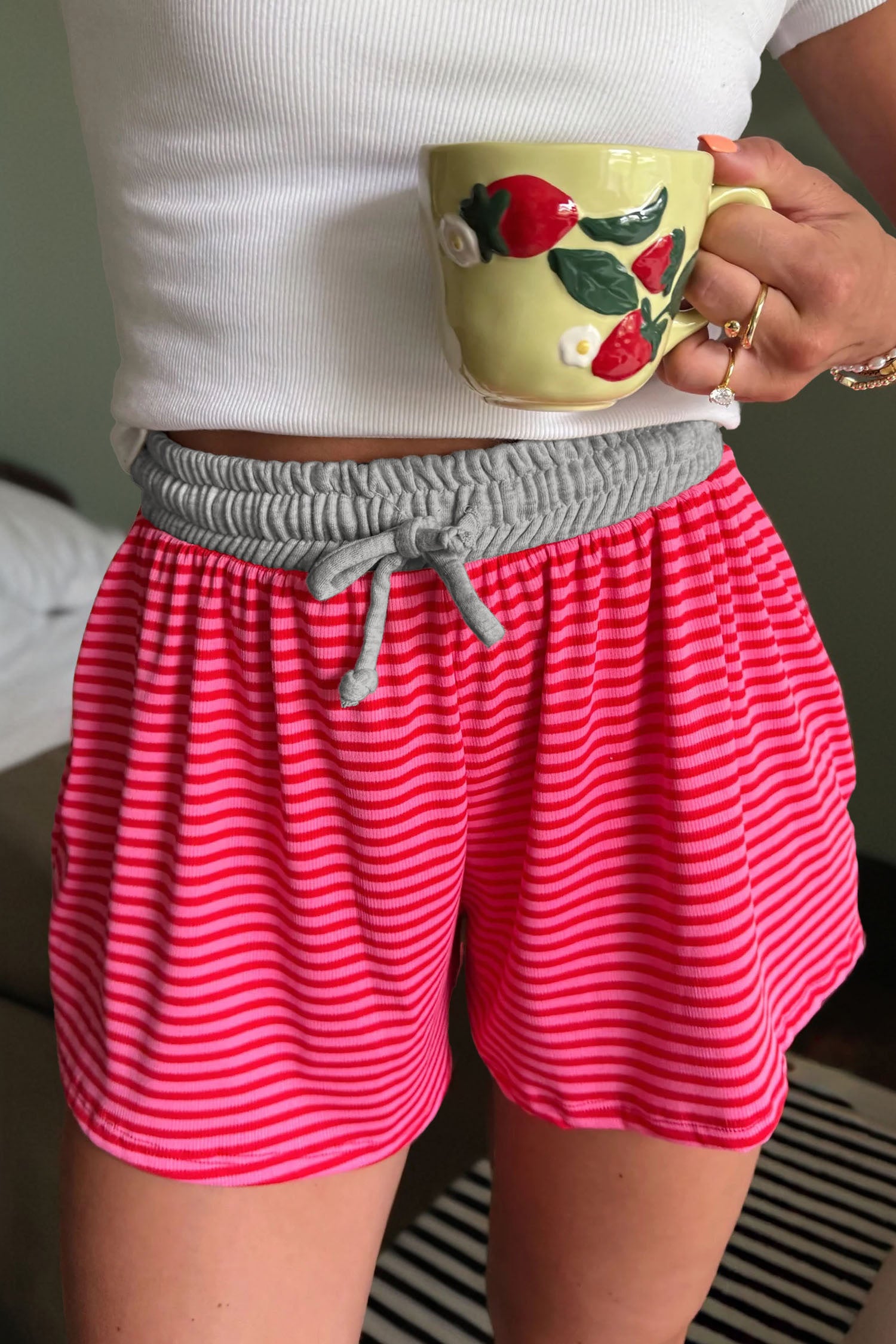 Short femme rayé, taille élastique, casual, côtelé
