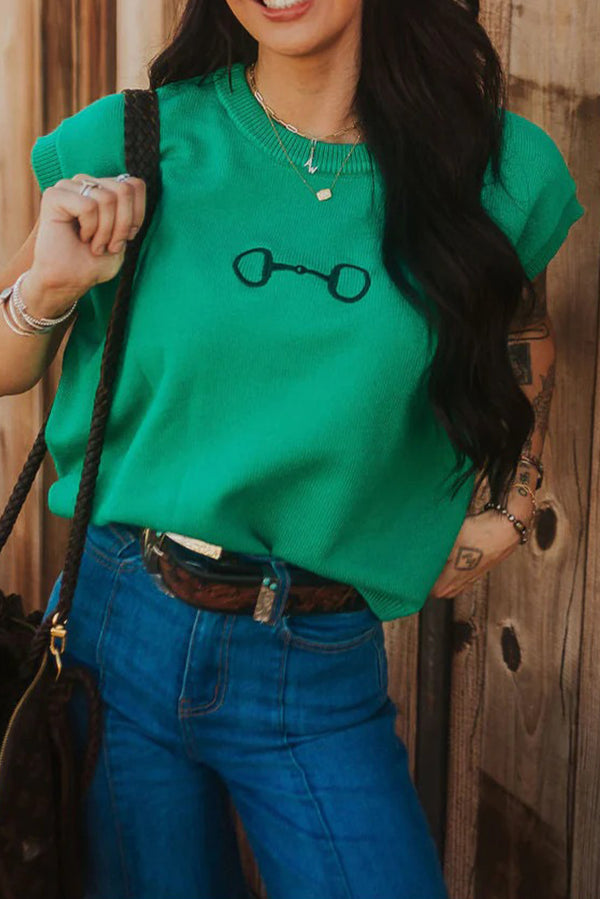 Pull femme brodé, manches courtes, ample — vert