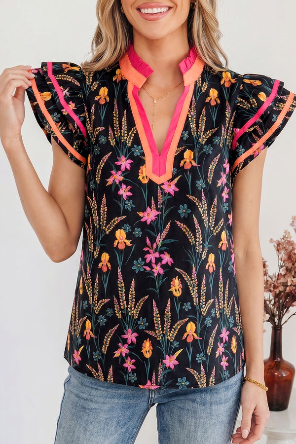Blouse femme floral, à volants, à étages, manches courtes, bordure contrastée — noir