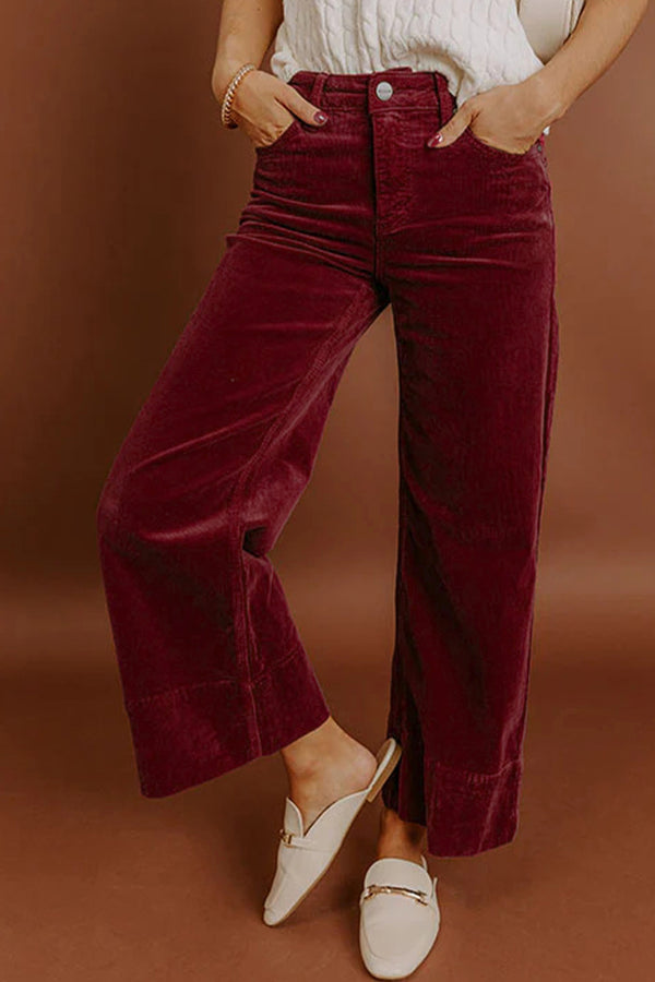 Pantalon femme taille haute, jambe large, uni — bordeaux