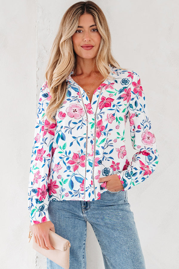 Chemise femme floral, boutonnée, manches longues — rose