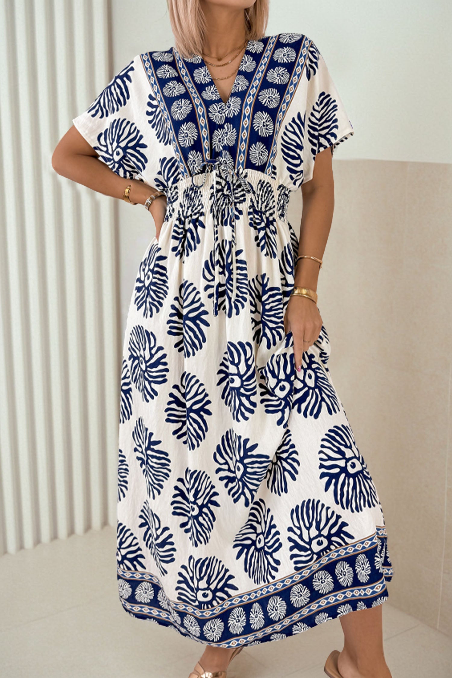Robe longue femme floral, patchwork, col V, maxi — bleu