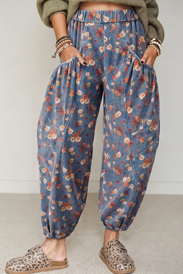 Jean femme floral, poches, taille élastique — bleu ciel