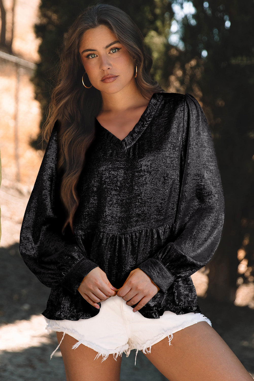 Blouse femme métallisé, manches bouffantes, col V — noir