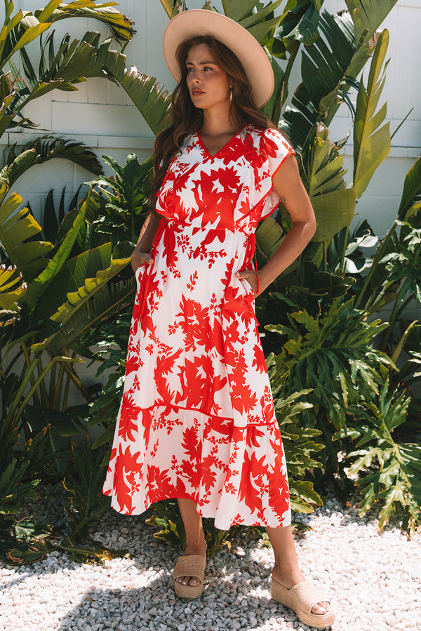 Robe femme floral, à volants, col V — rouge-P10320