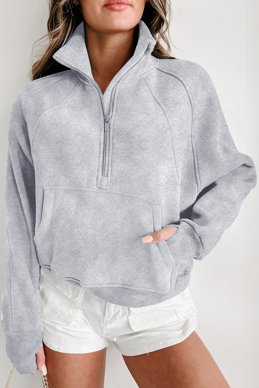 Sweat femme zip, poches — gris clair