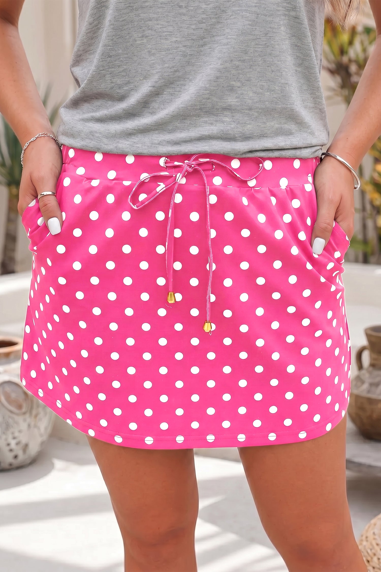 Jupe femme pois, à cordon, casual, mini — rose