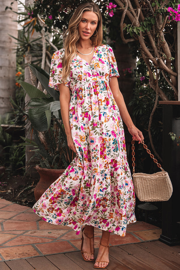 Robe longue femme floral, manches courtes, col V, taille haute, maxi — rouge