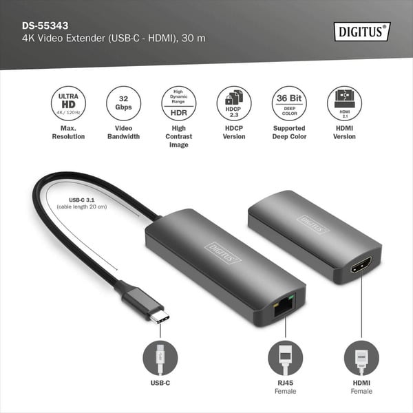 Digitus 4K Video Extender USB-C > HDMI, 30 mètre, HDMI Verlängerung - Digitus - vue 6
