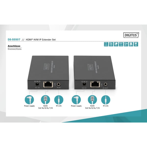 Digitus HDMI KVM IP Extender Set, 150 mètre, HDMI Verlängerung - Digitus - vue 6