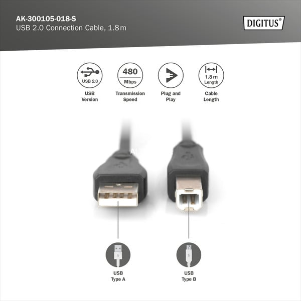 (€ 1,02 / 1 m) Digitus USB 2.0 Anschlusskabel USB-A (Stecker) > USB-B (Stecker) - Digitus - vue 3