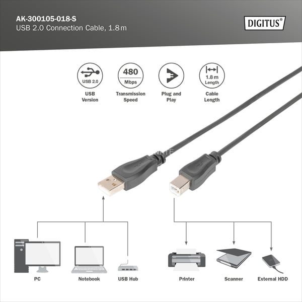(€ 1,02 / 1 m) Digitus USB 2.0 Anschlusskabel USB-A (Stecker) > USB-B (Stecker) - Digitus - vue 4