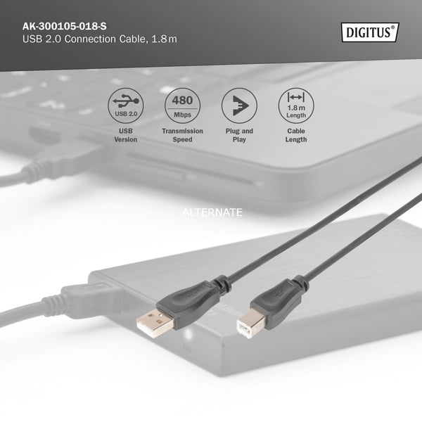(€ 1,02 / 1 m) Digitus USB 2.0 Anschlusskabel USB-A (Stecker) > USB-B (Stecker) - Digitus - vue 5