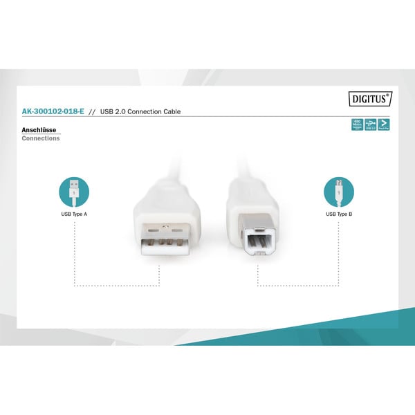 (€ 0,69 / 1 m) Digitus USB 2.0 Anschlusskabel USB-A (Stecker) > USB-B (Stecker) - Digitus - vue 4
