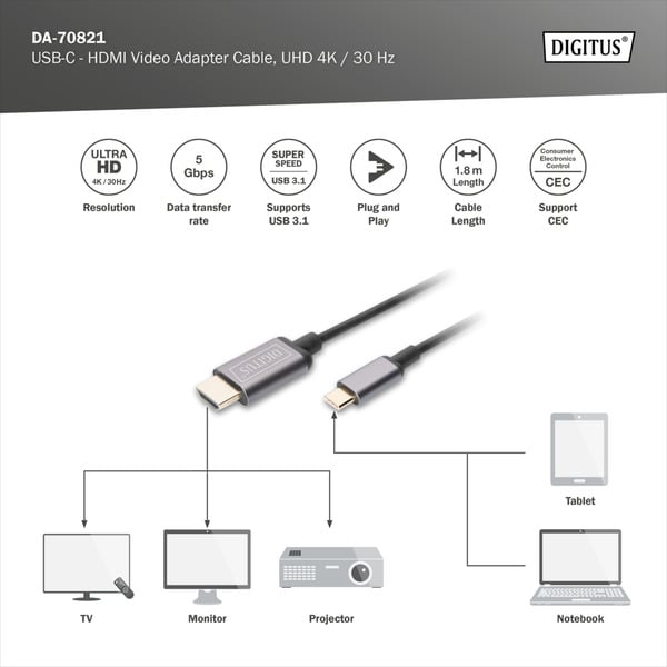 Digitus USB-C Adapterkabel USB-C > HDMI A, 4K @ 30HZ - Digitus - vue 5