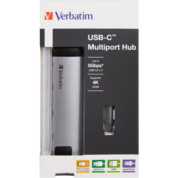 Verbatim USB 3.2 Gen 1 Multiport-Hub, USB-C Stecker > 2x USB-A + USB-C Buchse + HDMI-Buchse + RJ-45 Buchse, USB-Hub - Verbatim - vue 5