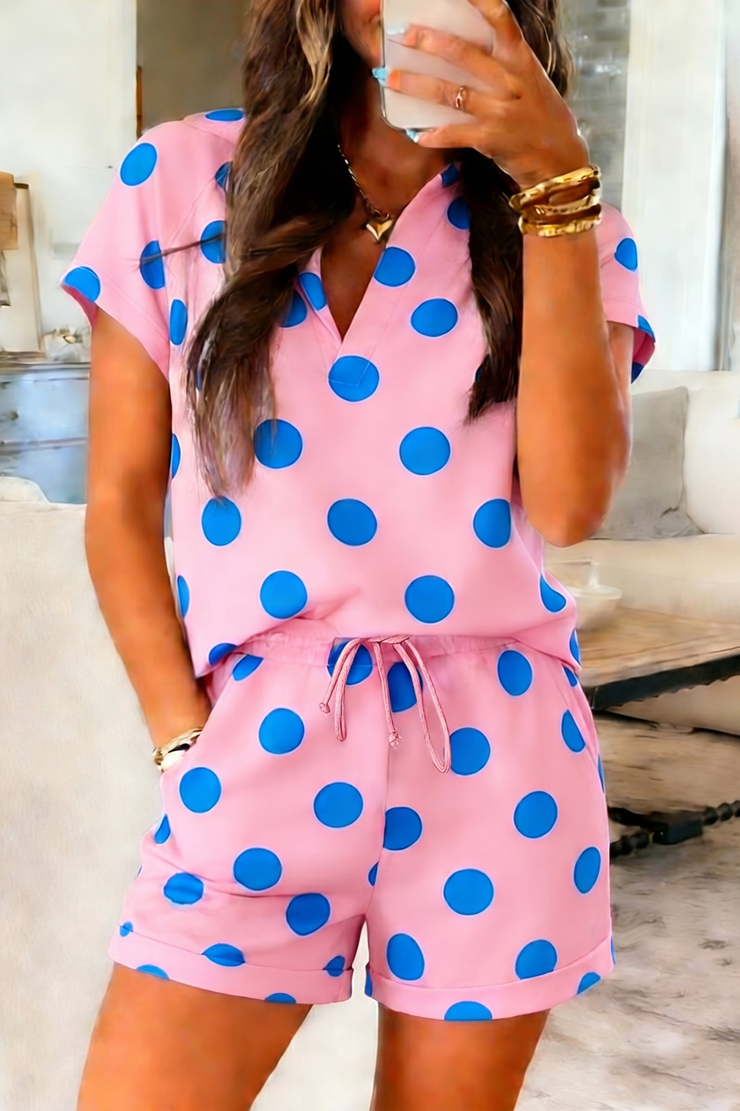 Short femme pois, col V — rose