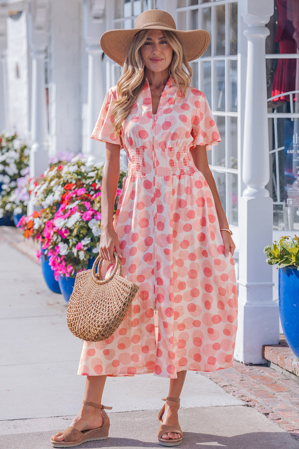 Robe femme pois, à volants, zip, manches courtes — rose
