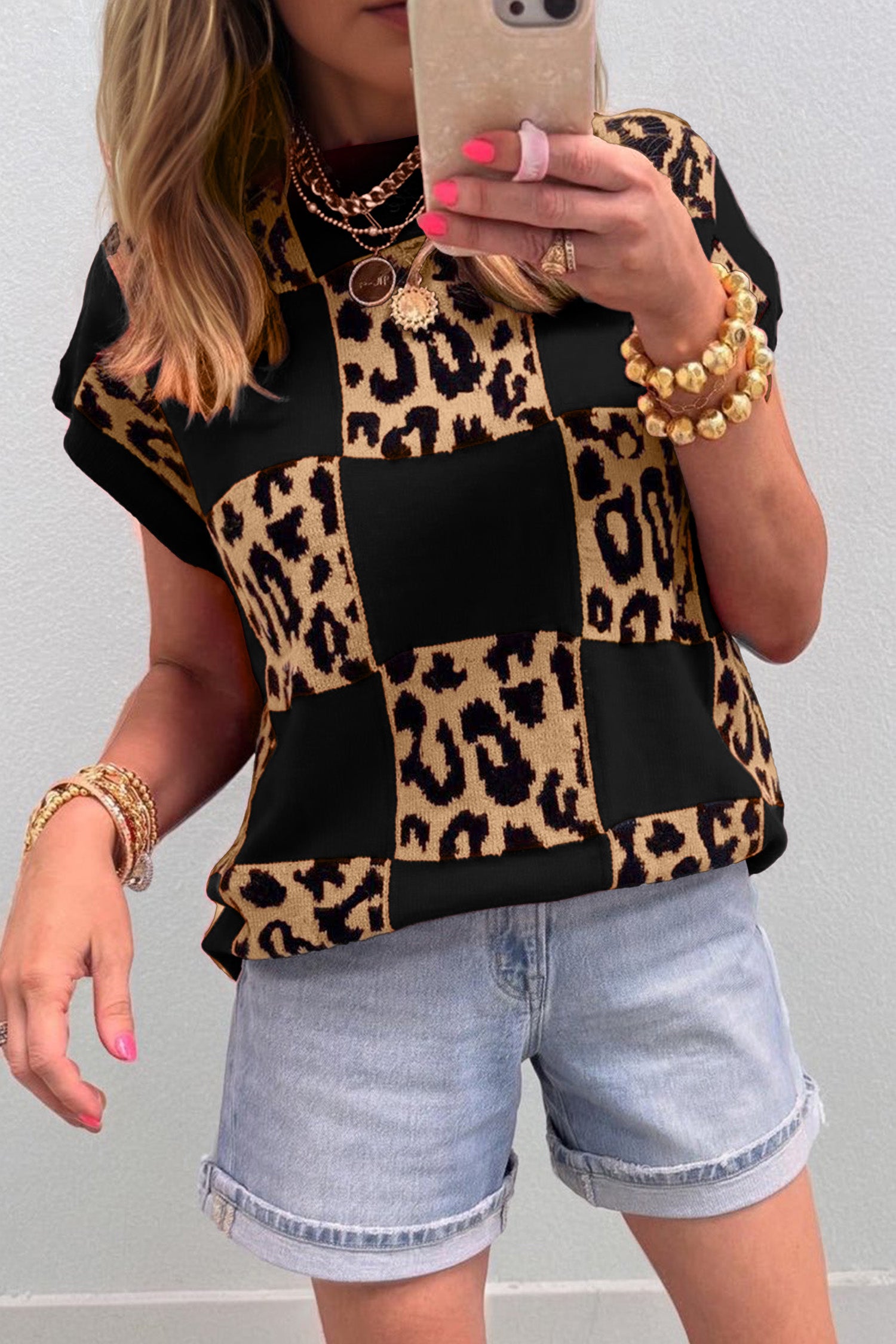 Pull femme léopard, en maille, manches courtes — noir