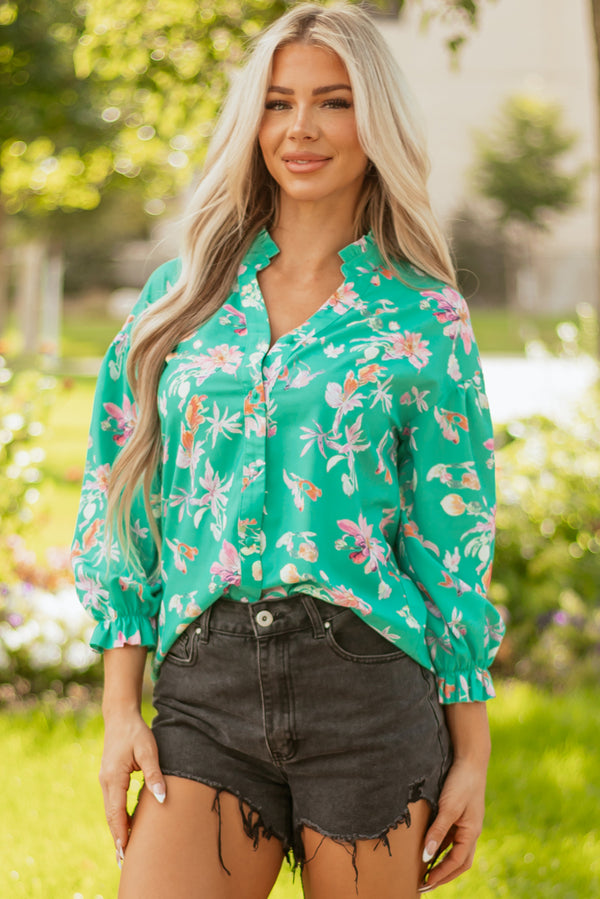 T-shirt femme floral, boutonnée — vert