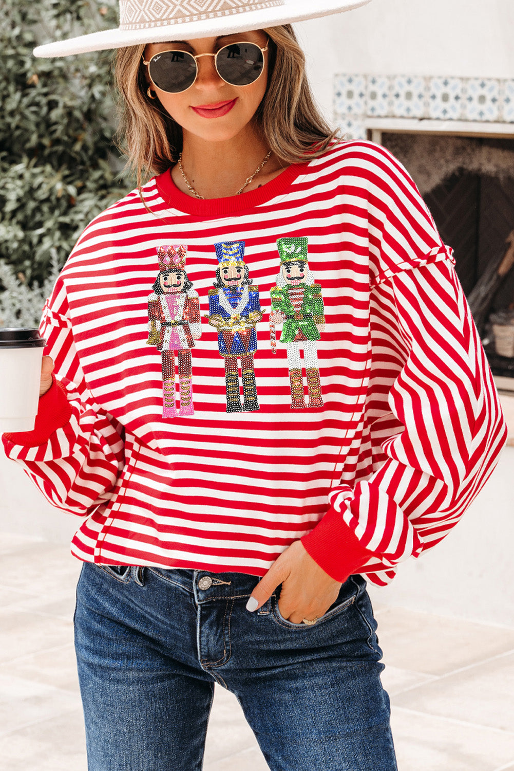 Haut femme rayé, paillettes, Noël, épaules tombantes — rouge