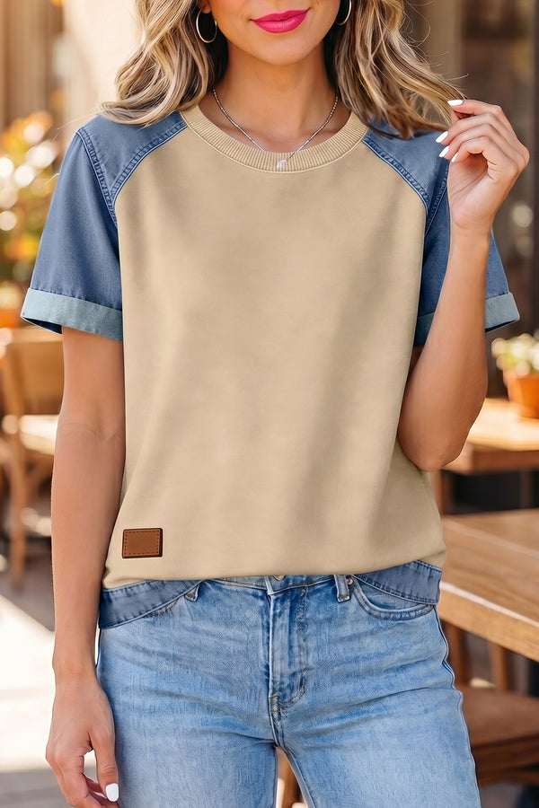 T-shirt femme patchwork, denim, colorblock