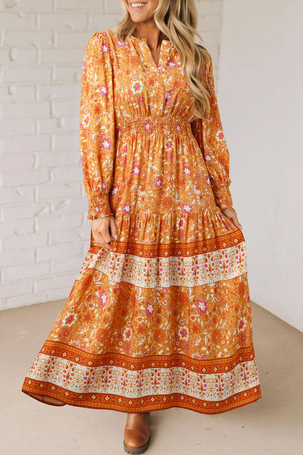 Robe longue femme floral, smocké, manches longues, maxi — orange