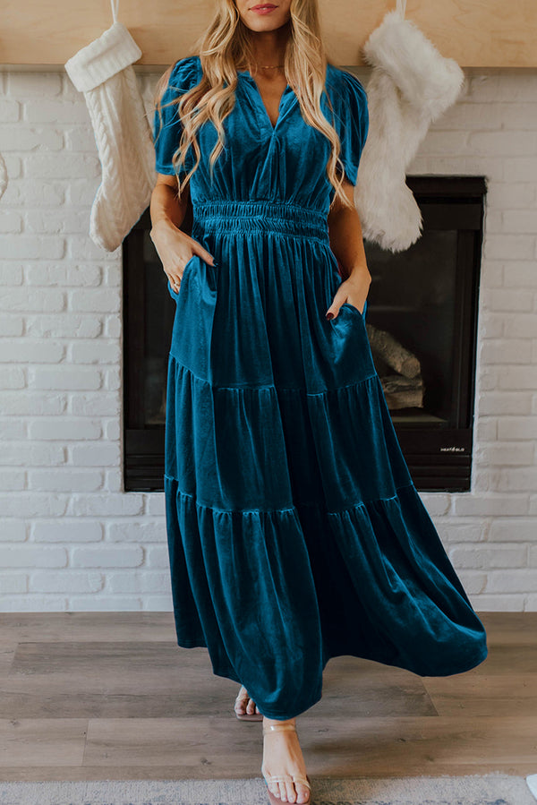 Robe longue femme velours, smocké, à étages, manches courtes, maxi — bleu