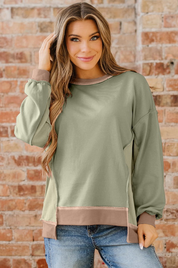 Sweat femme patchwork, gaufré, colorblock — vert-P2809