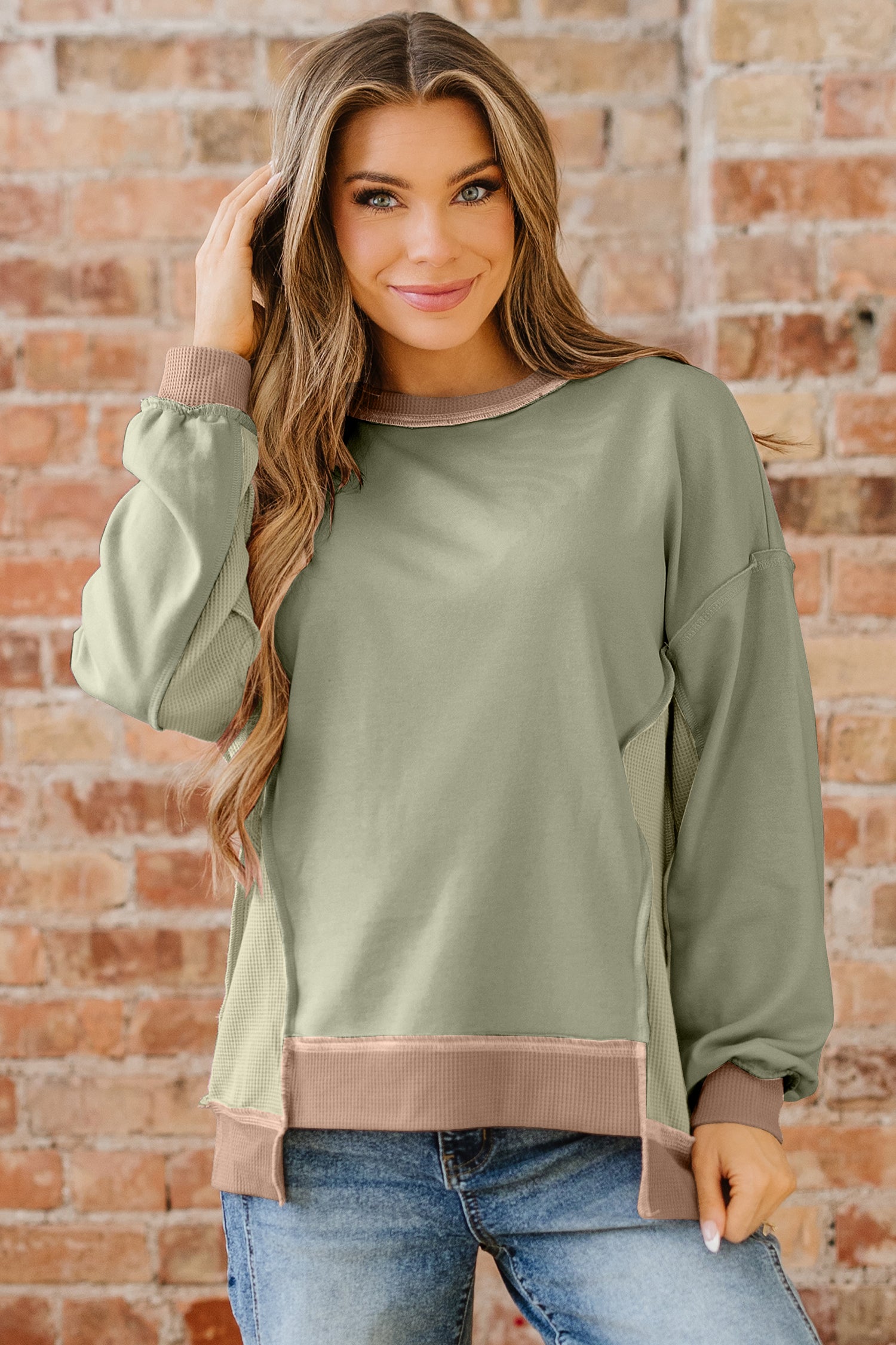 Sweat femme patchwork, gaufré, colorblock — vert-P2809