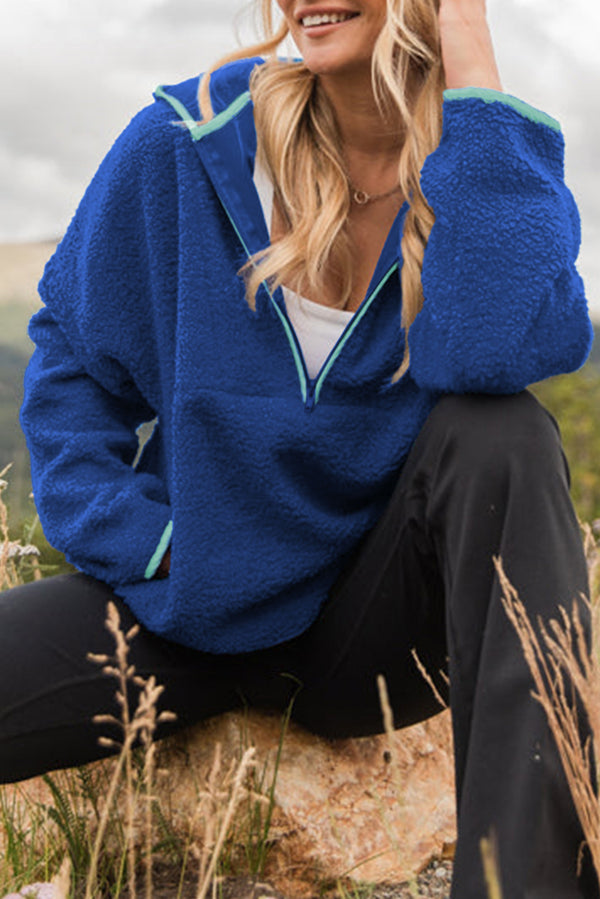 Sky Blue Sherpa Half Zip Contrast Trim Pullover Hoodie femme